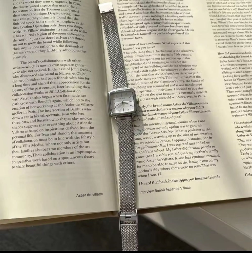 Reloj Naidu Malla Plateado Fondo Blanco